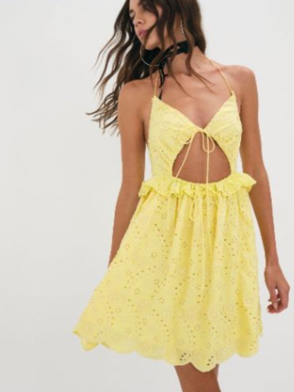 For Love & Lemons Natalia Yellow Eyelet Cutout Ruffle Mini Dress Size XS